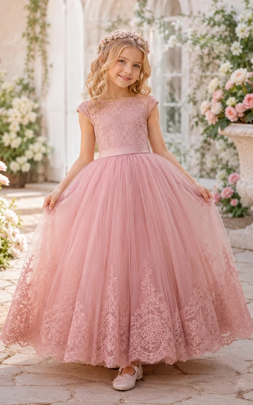 Robe de demoiselle d'honneur en tulle et dentelle rose poudré, coupe trapèze, sans manches, ornée d'appliqués floraux et d'un nœud.