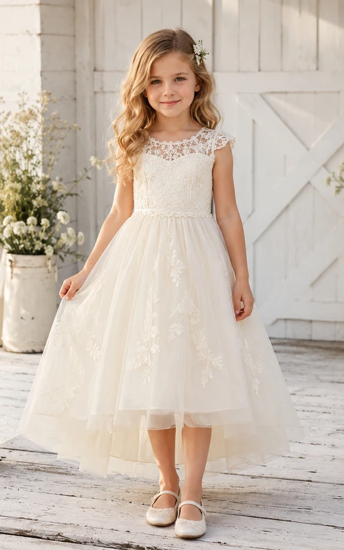 A-Line Flowergirl Lace Tulle Tea-Length Cap Sleeve Farmhouse Wedding Dress