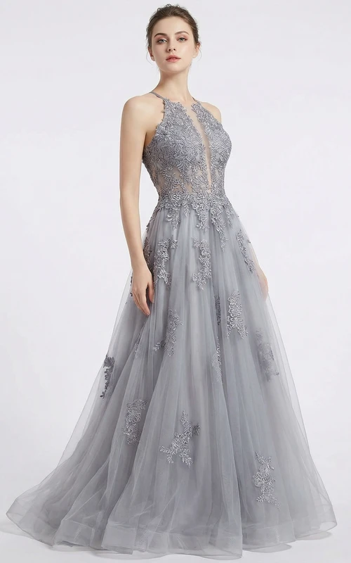 Robe de soirée trapèze en tulle gris avec application de dentelle et décolleté illusion dos nu