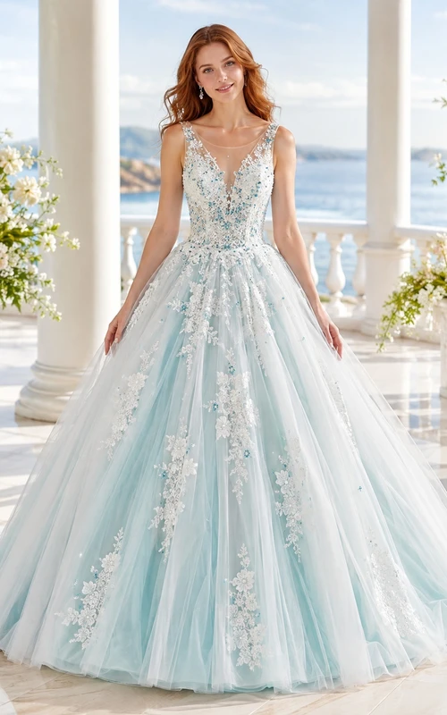 Türkisfarbenes A-Linien-Brautkleid mit V-Ausschnitt, Tüll, floraler Stickerei und bodenlangem Rock im Boho-Stil