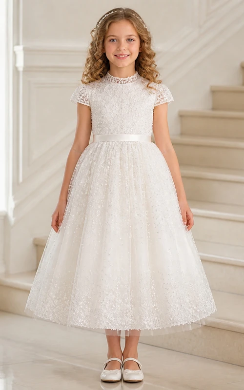 Modest Tea-length A-Line High Neck Short Sleeve Lace Flowergirl Dress