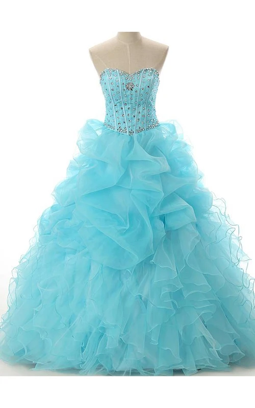 Ballkleid, Maxi, schulterfrei, herzförmiger Ausschnitt, Perlenstickerei, Schnürung am Rücken, Spitze, Pailletten, Organza, Satin