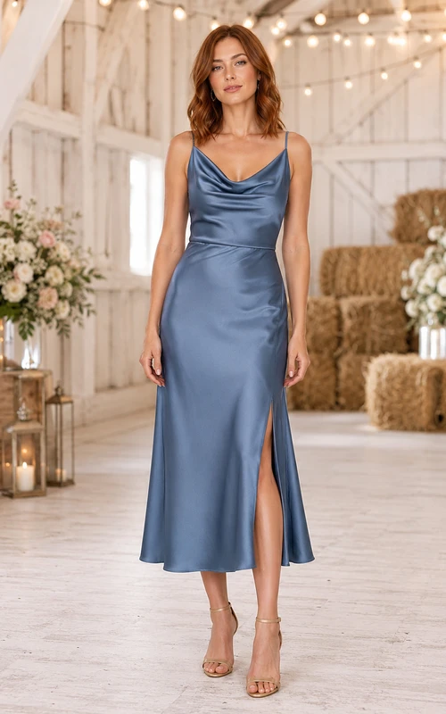Barn Steel Blue Cowl Neck Satin Spaghetti Strap Sheath Tea-Length Slit Dress