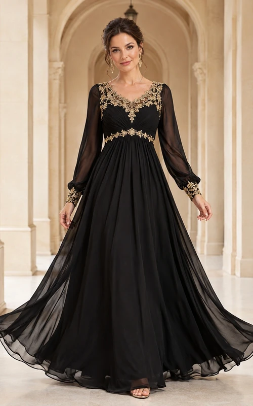 Black Gold Beaded Lace Long Sleeve Tulle A-Line Evening Gown Dress