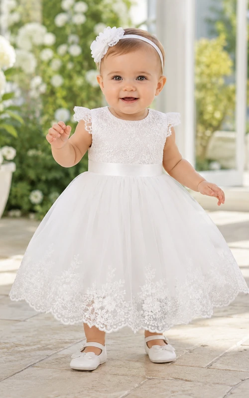 Baby Baptism Christening Ceremony Dress A-Line Tea-Length Jewel Neck Sleeveless Tulle Lace Button Back Lace Bodice