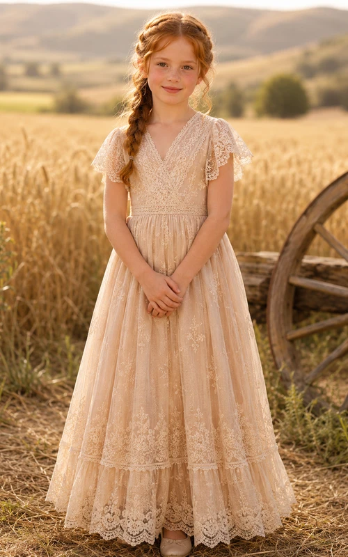 Vestido de niña de flores de tul y encaje con corte en A, mangas cortas, cuello redondo y falda a la altura de la rodilla.