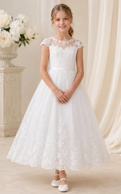 Weißes Blumenmädchenkleid mit Blumenmuster, kurzen Ärmeln und Spitze, Knöchellang, für Kommunion