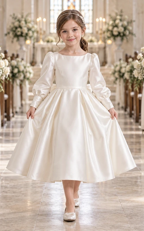 Tea-length Long Sleeve Vintage Ivory A-line Satin Pleated Bow-back Flower Girl Dress