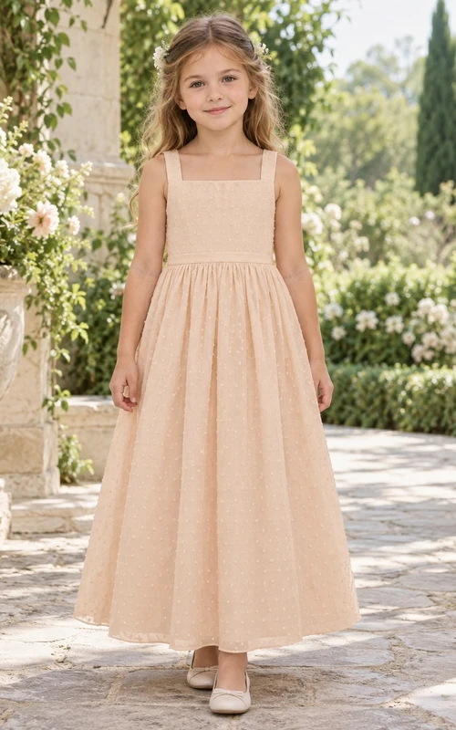 Square Neck Apricot Sleeveless Swiss Dot Cotton A-line Flower Girl Dress