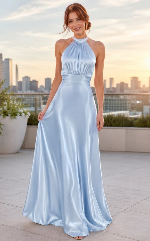 Abendkleid, himmelblau, Satin, A-Linie, Neckholder, ärmellos, bodenlang