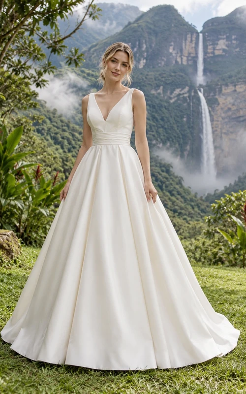Sencillo vestido de novia de satén con escote en V, cintura drapeada y falda acampanada.