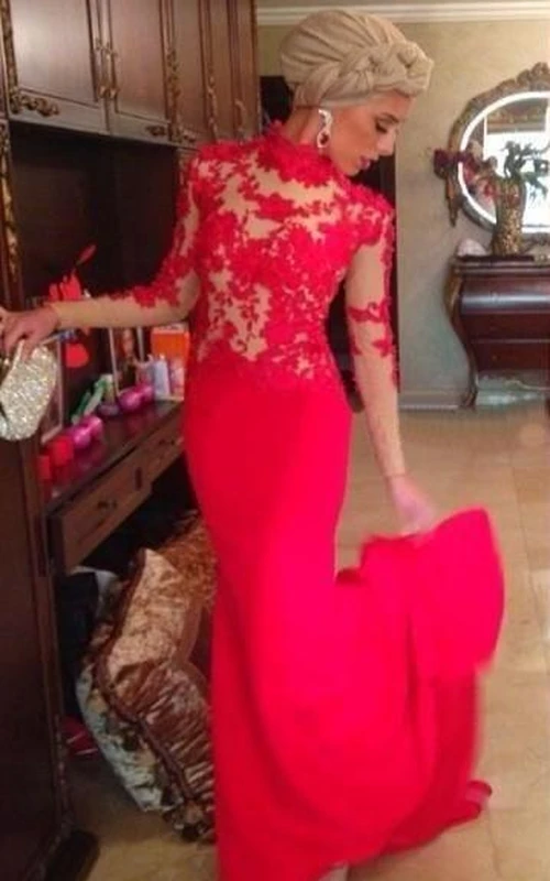 Vestidos de noche rojos de sirena con cuello alto y mangas largas con apliques para fiestas de graduación.