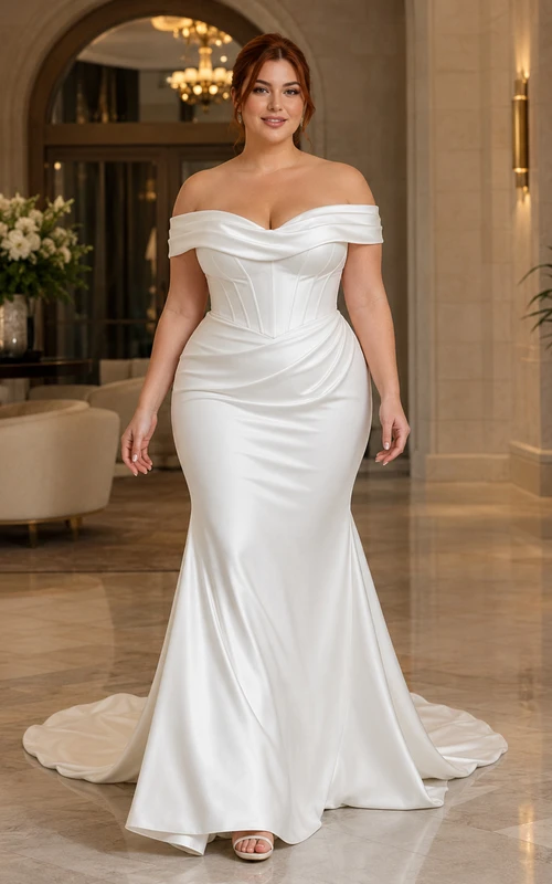 Sexy Curvy Satin Wedding Mermaid Off Shoulder Ruched Sweep Train