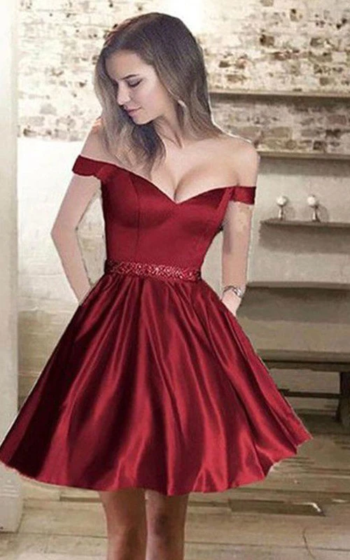 Robe de bal courte mini sans manches en satin, coupe trapèze, épaules dénudées