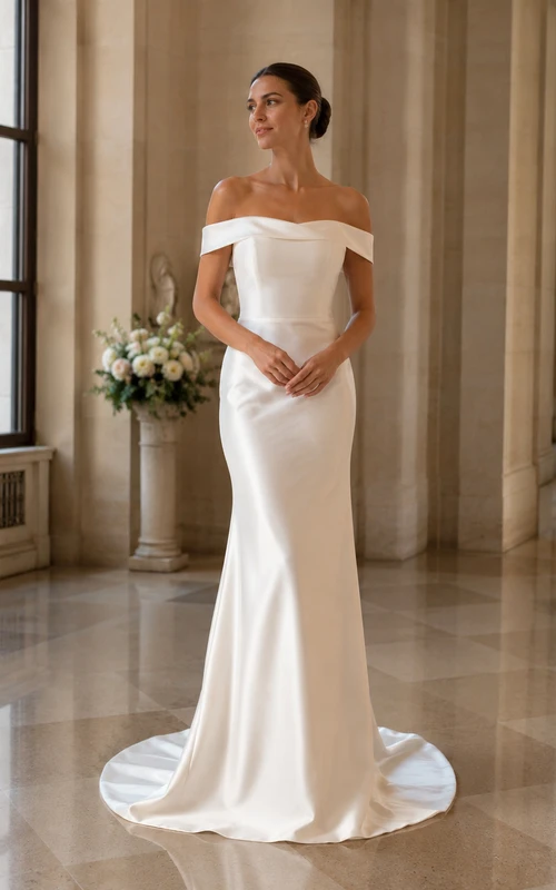 Vestido de novia civil de satén con hombros descubiertos y corte sirena
