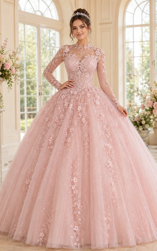 Vestido de quinceañera formal de princesa, color rosa empolvado, modesto, con espalda cubierta, cuello alto y manga larga, de encaje.