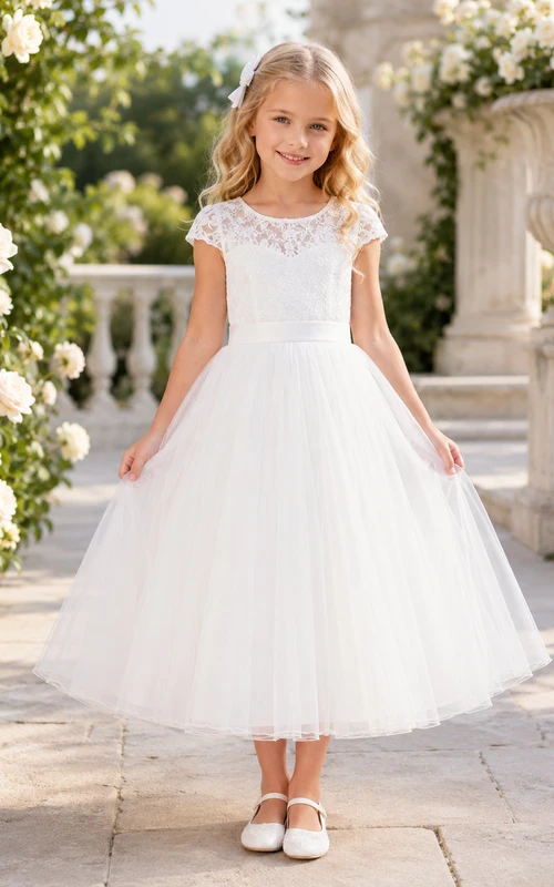 Flower Girl Dress Ivory Lace Tulle A-Line Jewel Neck Tea Length