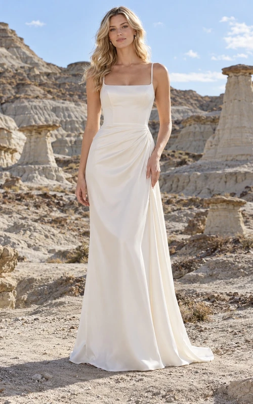 Vestido de novia sencillo de tirantes finos, escote cuadrado, sin mangas, de satén liso y largo hasta el suelo.
