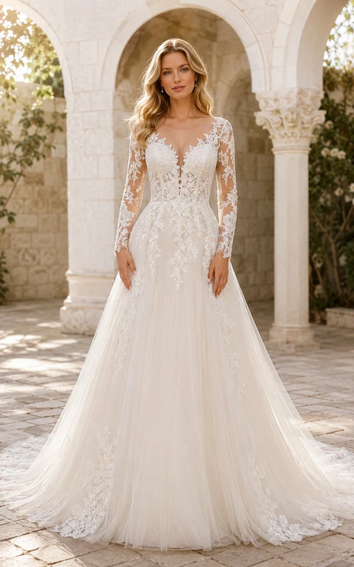 Robe de mariée romantique en dentelle à manches longues, coupe trapèze, traîne chapelle et bustier illusion jardin