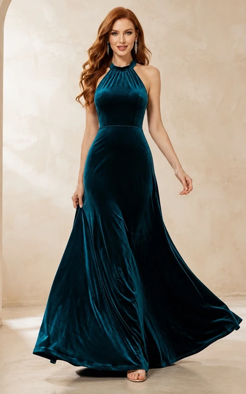 Elegant Peacock Halter Velvet A-Line Floor-Length Simple Formal Evening Gown