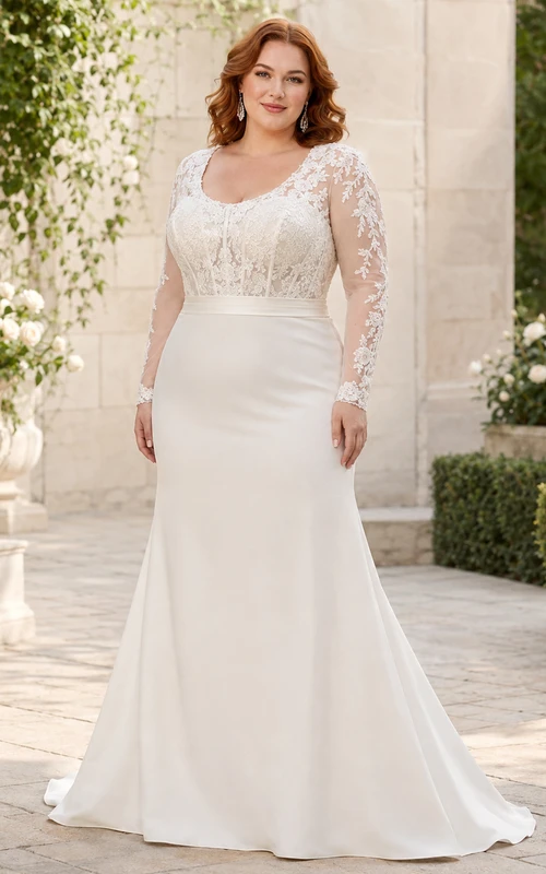 Robe de mariée sirène longue en satin satiné à manches illusion et décolleté rond, grande taille, à prix abordable.