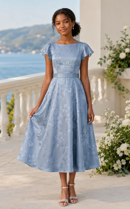Himmelblaues Brautjungfernkleid im A-Linien-Schnitt, wadenlang, eckige kurze Ärmel, Blütenblatt-Satin, floraler Ausbrenner-Look, Vintage