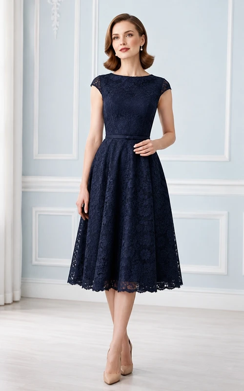 Dark Navy Jewel Neck Cap Sleeve Lace A-Line Tea-length Vintage Cocktail Dress
