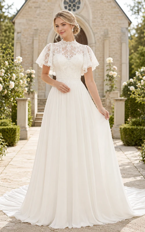Modest High Neck Flutter Sleeve Chapel A-Line Wedding Dress