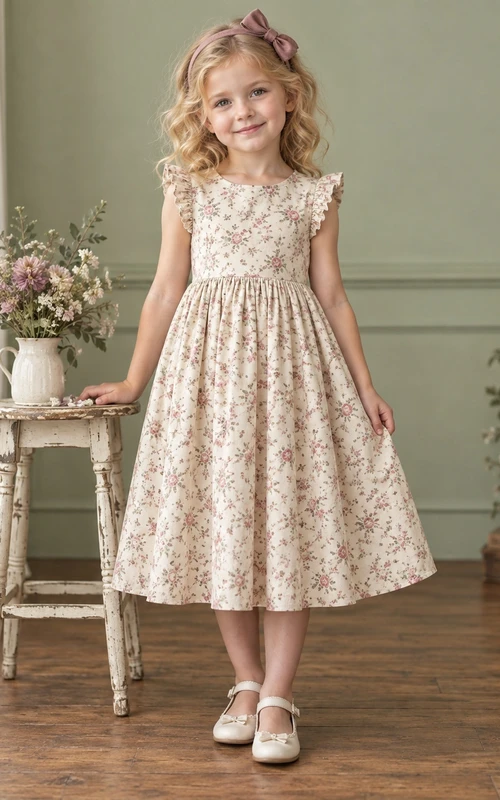 Teelanges, schlichtes elfenbeinfarbenes Blumenkleid in A-Linie mit Print, flatternden Ärmeln und Schleife am Rücken für Blumenmädchen