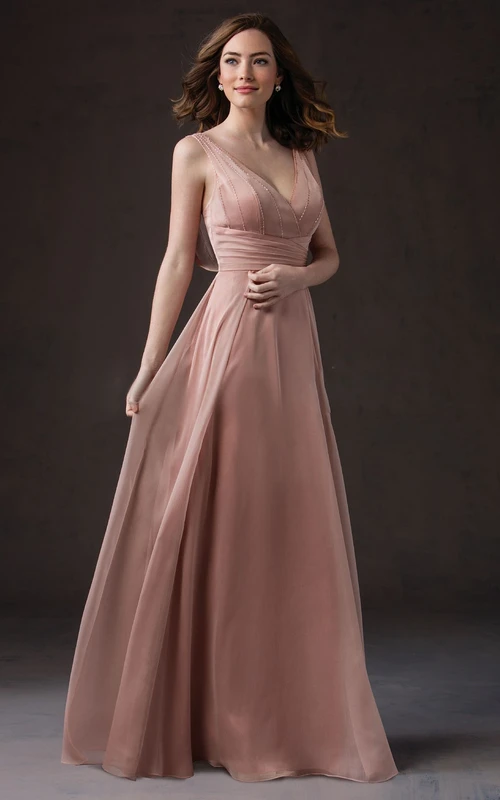 Robe de demoiselle d'honneur longue sans manches, coupe trapèze, col en V, ornée de cristaux et dos en V