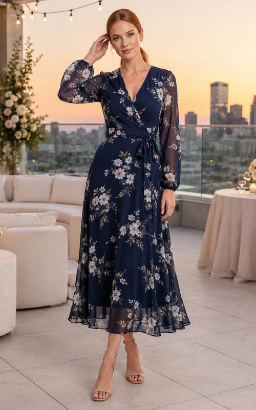 Rooftop Dark Navy Floral V-Neck Chiffon A-Line Tea-Length Long Sleeve Dress