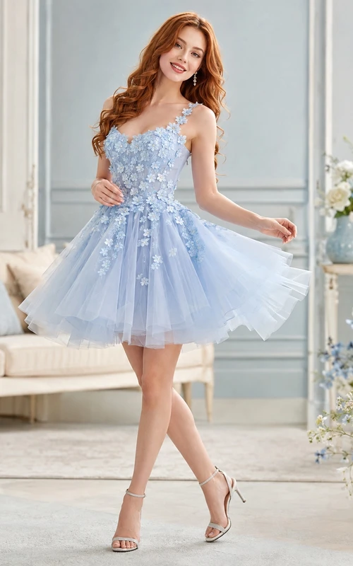 Robe de cocktail courte bleu poudré à une épaule, coupe trapèze, en tulle superposé, idéale pour un bal de fin d'année.