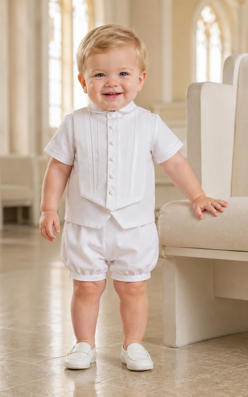 Weißer, kurzärmeliger, asymmetrischer Baby-Strampler aus Leinen mit LDS-Segnungsmotiv