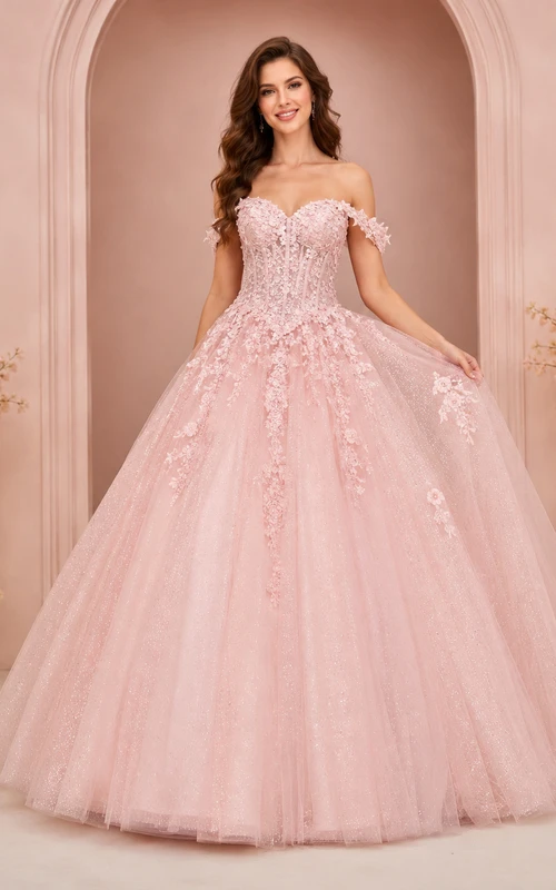 Vestido de gala Rose Debut Blush, largo hasta el suelo, con hombros descubiertos y manga corta, de tul, de lujo para quinceañeras.