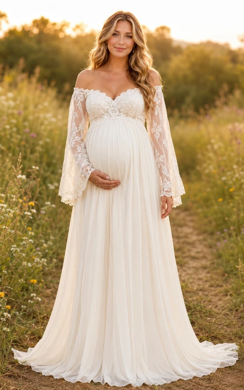 Robe de mariée en mousseline et dentelle style empire, col en V, manches longues, longueur au sol, idéale pour la plage.