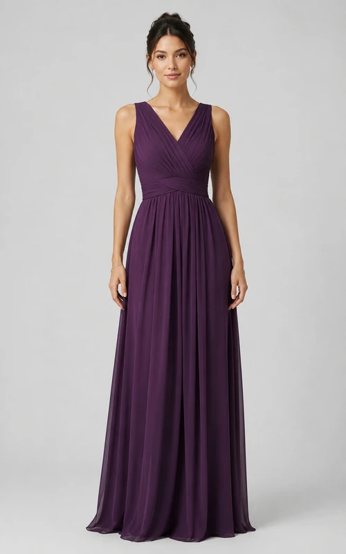 Vestido de dama de honor de gasa color ciruela con escote en V y corte en A