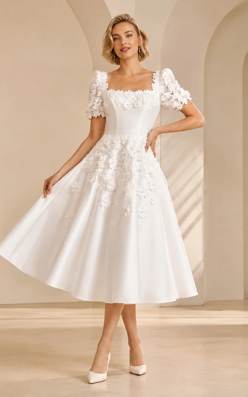 Tea-Length Square Neck Puff Sleeve Floral Applique A-Line Civil Wedding Dress