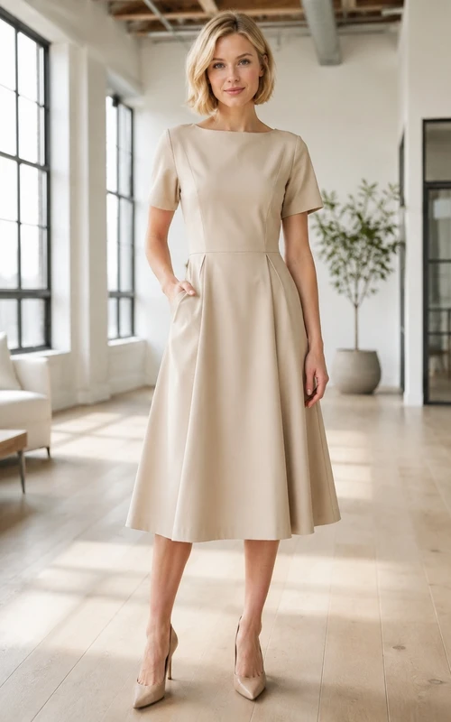 Taupe Guest A-Line Tea-Length Bateau Short Sleeve Pockets Simple Modern Dress