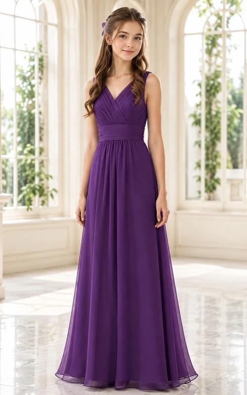 Amethystfarbenes Brautjungfernkleid für junge Damen, A-Linie, V-Ausschnitt, ärmellos, elegant, formell