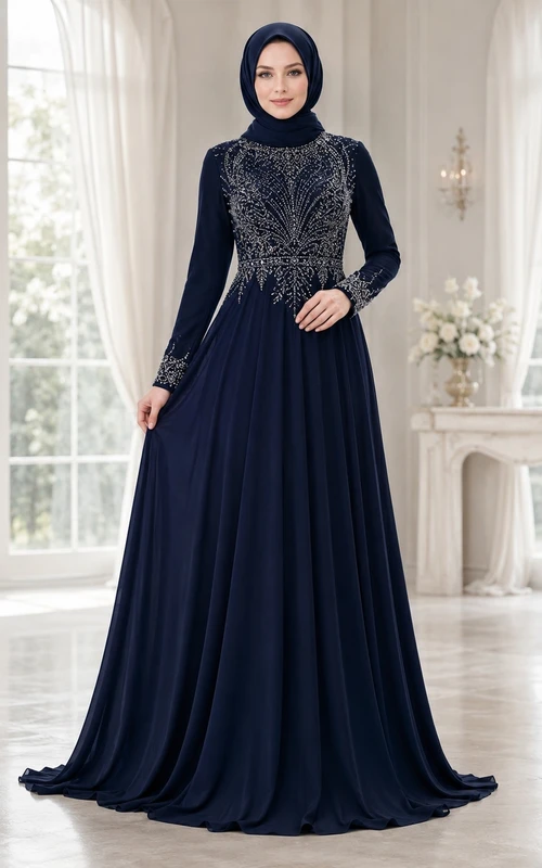 Dark Navy Evening Beaded A-Line High Neck Lace Long Sleeve Floor-length Modest Dress