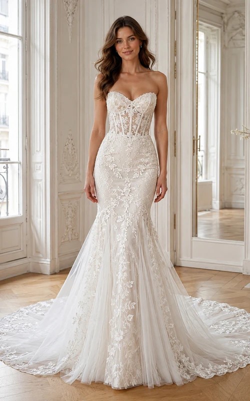 Robe de mariée sirène classique en dentelle, bustier cœur, traîne chapelle, ornée d'appliqués floraux, idéale pour une cérémonie.