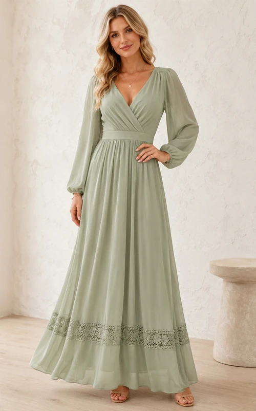 Vestido largo de manga larga color verde salvia con escote en V, corte imperio y largo hasta los tobillos.