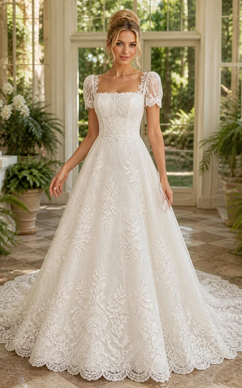 Vestido de novia vintage de manga corta, corte A, escote cuadrado, encaje floral de invernadero y cola catedral