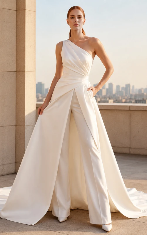Combinaison asymétrique en satin avec jupe drapée et traîne courte, robe de mariée