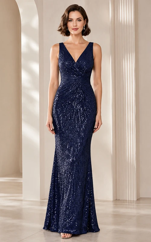 Dark Navy V Neck Sequin Mermaid Evening Dress