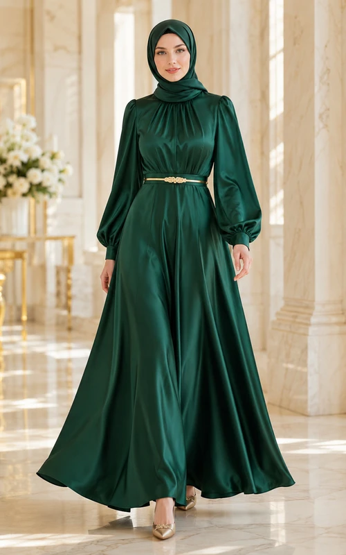 Dunkelgrünes, hochgeschlossenes, langärmeliges, tailliertes Satin-Kleid in A-Linie, bodenlang, Eid-Kleid mit Ballonärmeln und Gürtel