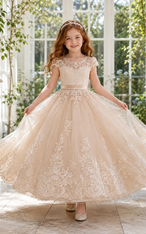 Vestido de gala romántico de encaje y tul con mangas cortas y borde festoneado, ideal para bodas en jardines o para niñas.