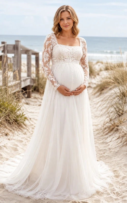 Vestido de novia de maternidad de encaje con escote cuadrado y manga corta estilo imperio