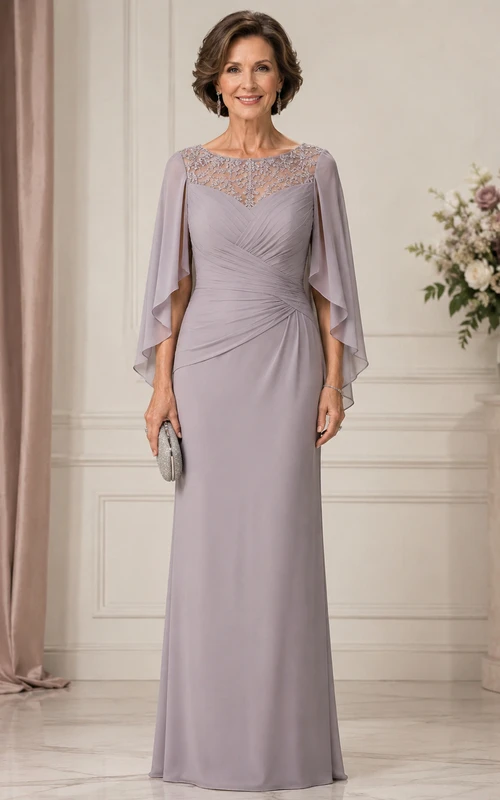 Robe de mère cape perlée lavande, robe fourreau bijou bateau lavande, longueur au sol