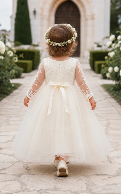 Baptism Dress A-Line Tulle Lace Jewel Neck Long Sleeve Tea-Length